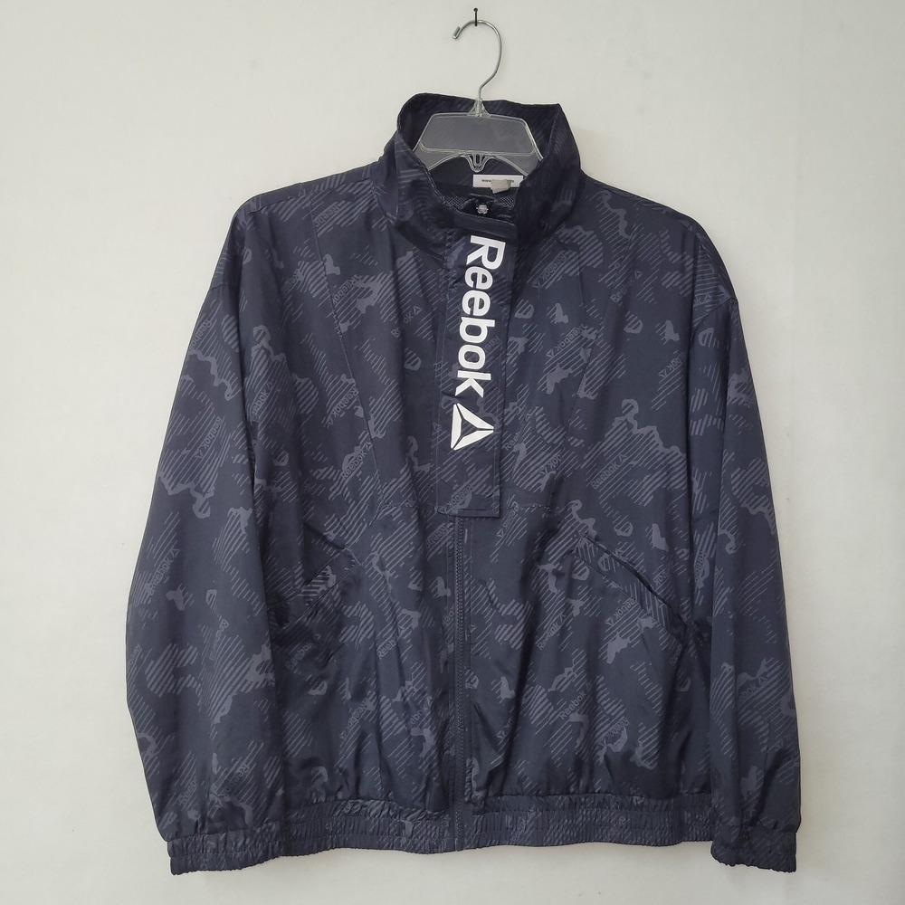Reebok Black Windbreaker Jacket Full Zip Outerwear Geometric Camo Print Womens L
